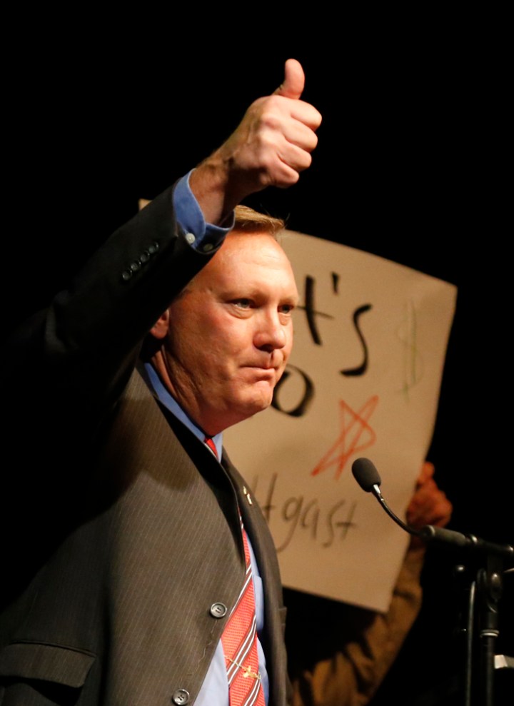 Rich Sattgast gives a thumbs after winning the state treasurer position during the Republican Election Party on Tuesday night at The District restaurant in Sioux Falls. (Matt Gade/Republic)