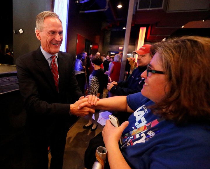 Gov. Dennis Daugaard has a laugh with his wife Linda after wininng re-election during the Republican Election Party on Tuesday night at The District restaurant in Sioux Falls. (Matt Gade/Republic)