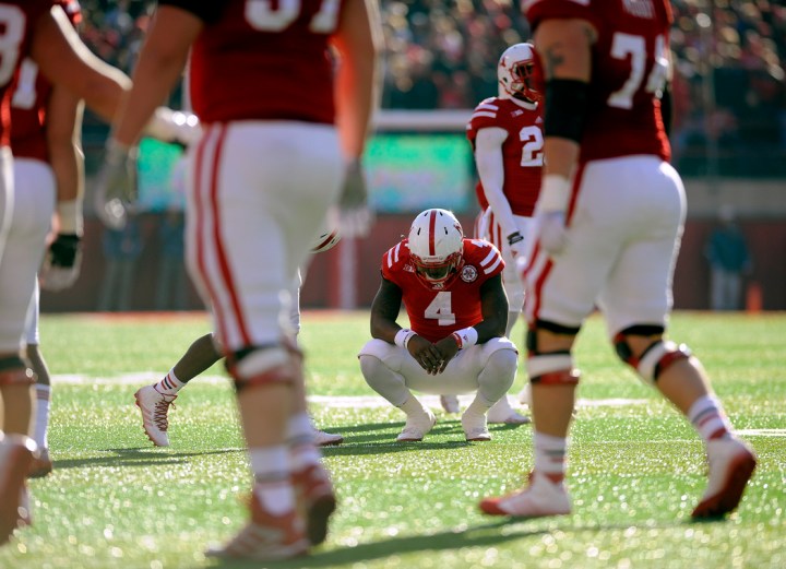 Nebraska Cornhuskers quarterback Tommy Armstrong Jr. (4) reacts after his pass to Nebraska Cornhuskers wide receiver De'Mornay Pierson-El (15) was caught but then stripped away by the Minnesota Golden Gophers defense at the goal line in the final minutes of the game and securing the win for the Gophes on Saturday at Memorial Stadium in Lincoln. (© Matt Gade)